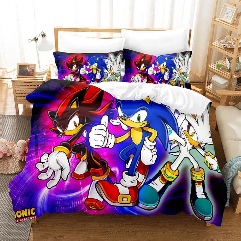 Housse De Couette Et Taie D'Oreiller Sonic Pour Enfants - Parure De Lit Hérisson Bleu Ultra Fun 140x200 Cm